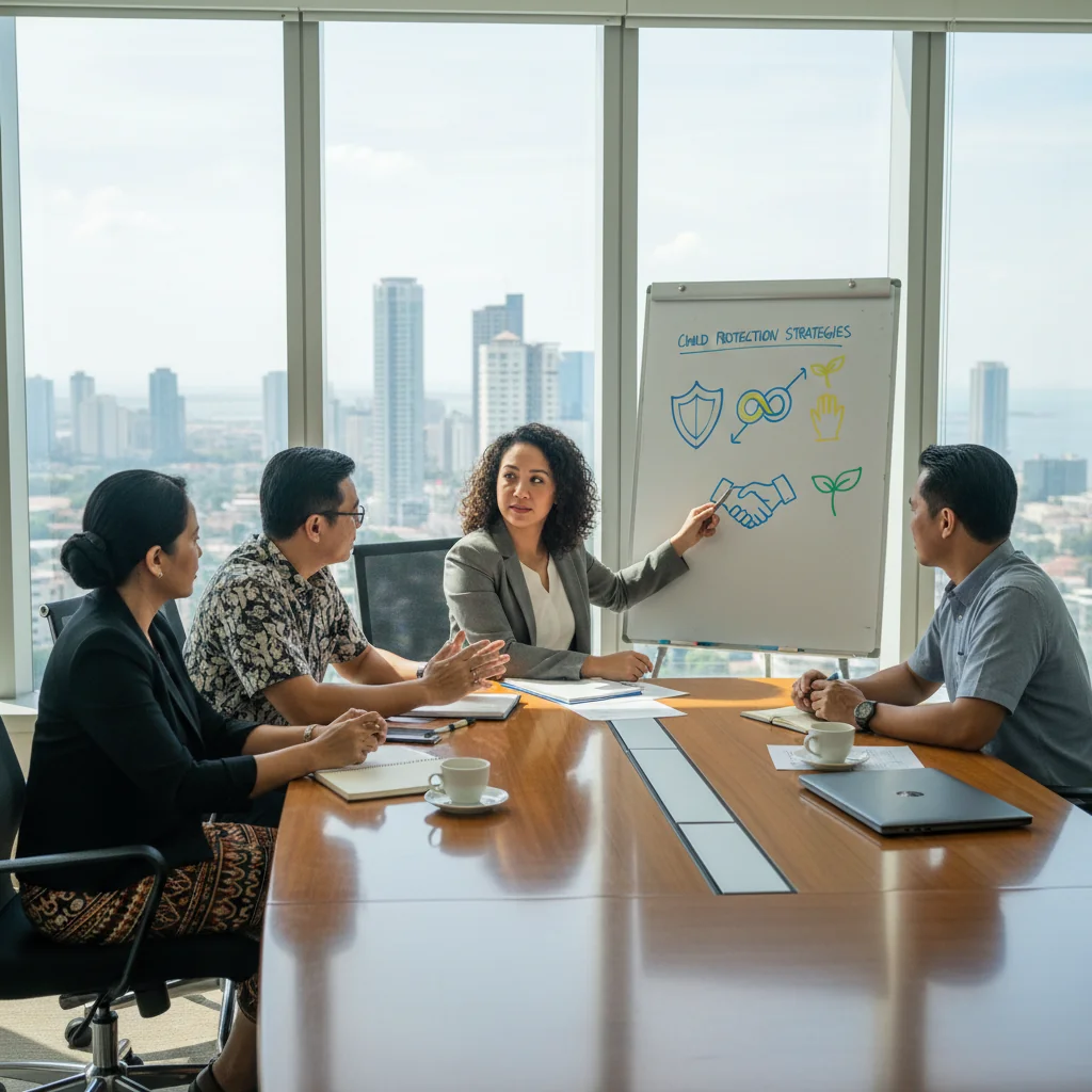A photorealistic image symbolizing child protection efforts in the Philippines, showing a diverse group of concerned adults, including professionals like social workers, educators, and community leaders, gathered in a modern conference room, engaged in a serious discussion with laptops and notebooks, reviewing policies on a whiteboard that displays abstract icons representing safety and care, without any depiction of children or legal documents, conveying a sense of vigilance, collaboration, and commitment to safeguarding well-being in a Philippine urban setting.