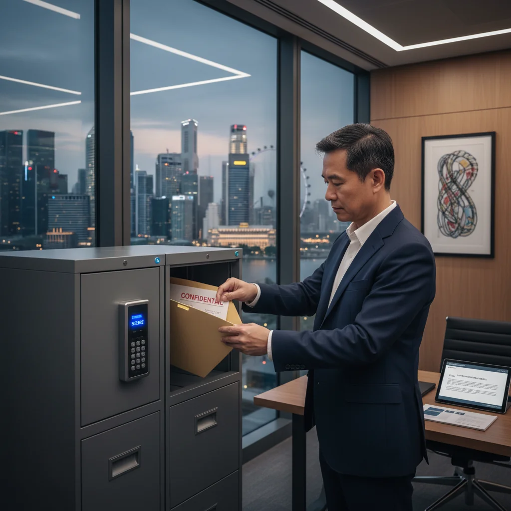 A photorealistic image depicting a professional safeguarding a legal document in a secure office environment in Singapore, symbolizing protection and compliance with policies, without showing any children or the document itself prominently.
