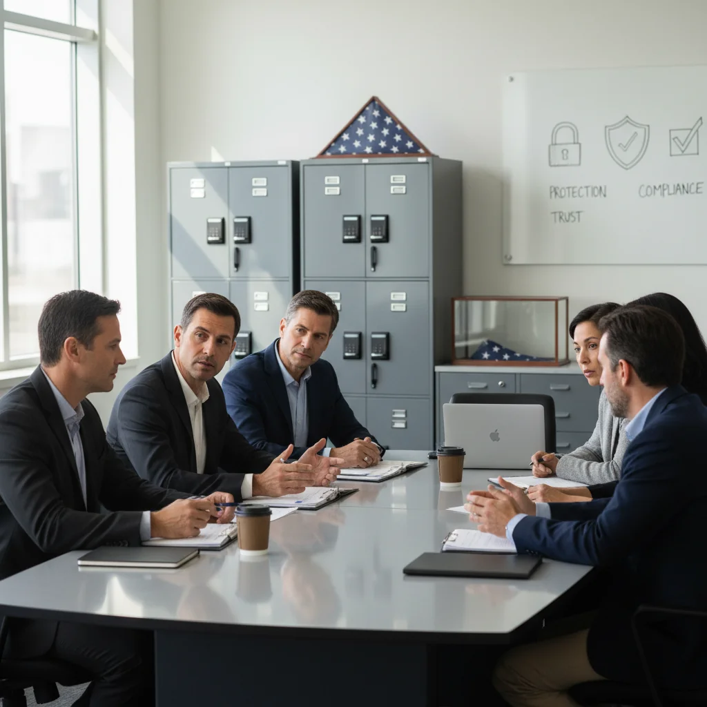 A photorealistic image symbolizing the protection and safeguarding of vulnerable individuals in a professional US setting, featuring a diverse group of adults in a secure office environment discussing safety protocols, with elements like locked filing cabinets and compliance checklists in the background, evoking trust and security without showing any children or specific legal documents.