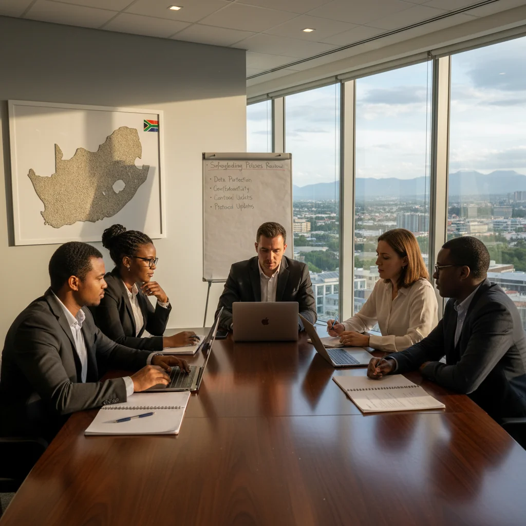 A photorealistic image depicting a professional safeguarding policy meeting in a South African corporate office, showing diverse adult professionals discussing and reviewing policy documents on a table, with South African cultural elements like a flag in the background, emphasizing protection and compliance without focusing on the documents themselves.