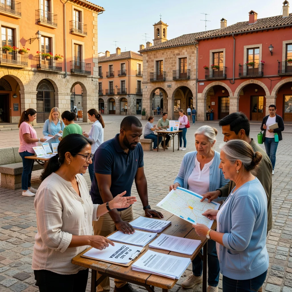 A photorealistic image representing the protection of minors in Spain, showing a diverse group of caring adults, such as parents, teachers, and social workers, in a safe, modern Spanish community setting, engaging in supportive activities like reading together or playing in a park, with subtle Spanish cultural elements like architecture in the background, emphasizing safety and well-being without depicting any children.