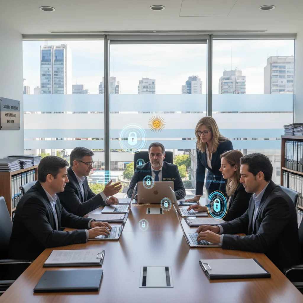 A photorealistic image representing data protection and privacy in Argentina, showing a diverse group of adults in a modern office setting in Buenos Aires, with symbolic elements like locked digital files on a computer screen and the Argentine flag in the background, emphasizing security and legal compliance without depicting any documents.
