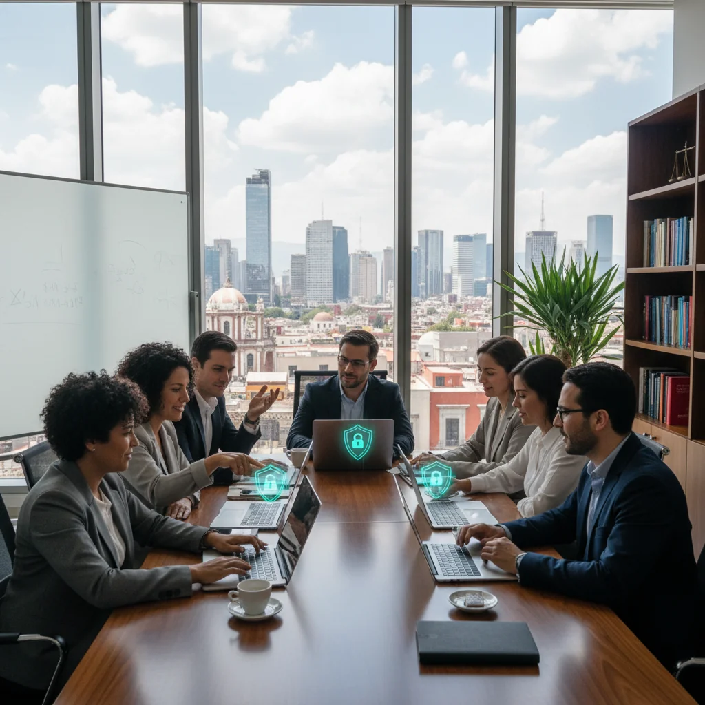A photorealistic image representing the purpose of personal data protection policies in Mexico, showing a diverse group of adults in a modern office setting, discussing data privacy with laptops and secure digital interfaces, emphasizing trust and security in handling personal information, no children present.