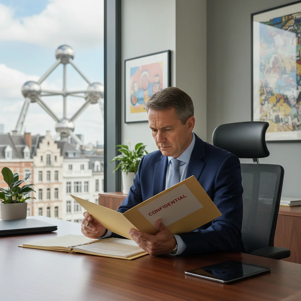 A photorealistic image of a professional adult person carefully reviewing and organizing legal protection documents in a modern Belgian office setting, symbolizing data privacy and legal safeguards, with subtle Belgian landmarks in the background like a blurred view of the Grand Place, evoking security and compliance without showing any documents directly.
