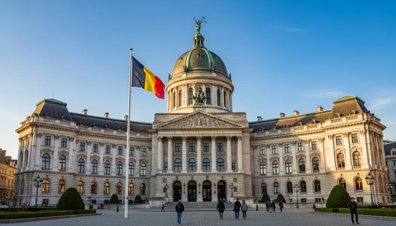 Belgian flag over legal courthouse