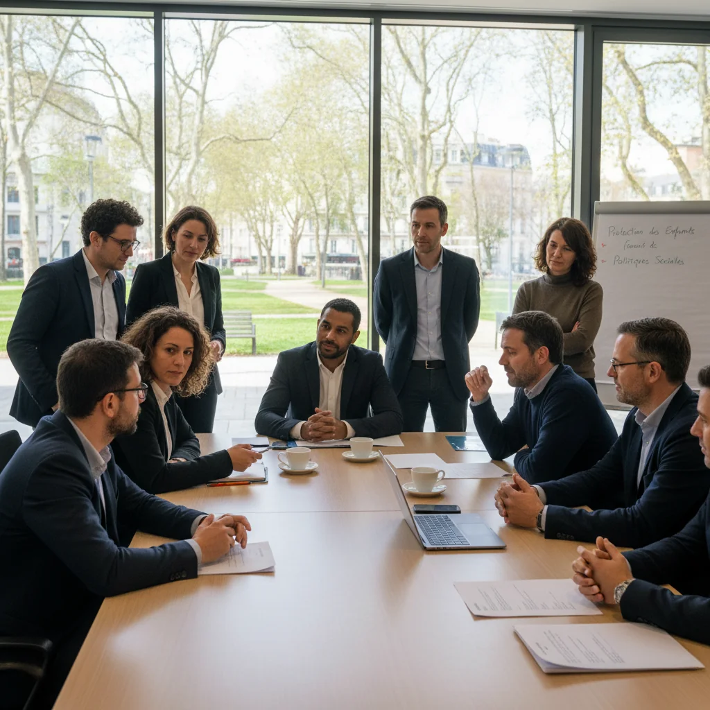 A photorealistic image symbolizing the protection of minors in France, featuring a diverse group of concerned French adults, such as parents, teachers, and social workers, gathered in a modern French community center, engaged in a supportive discussion about child safety policies, with subtle French cultural elements like a tricolor flag in the background, conveying a sense of community vigilance and care without depicting any children.