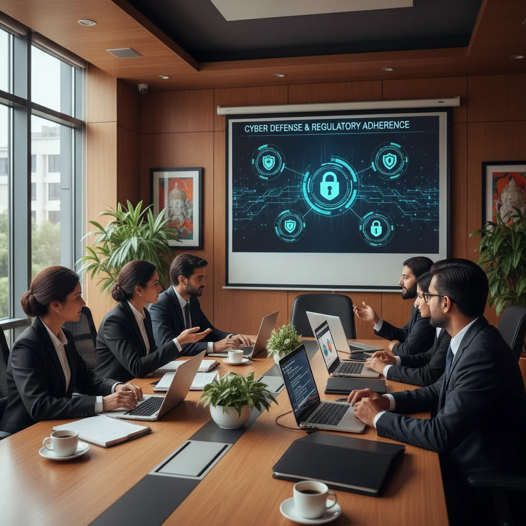 A photorealistic image symbolizing security policy in an Indian corporate office setting, featuring a diverse group of adult professionals reviewing a digital security dashboard on a large screen, with subtle Indian cultural elements in the background like traditional artwork on walls, no children present, emphasizing protection and compliance without showing actual documents.