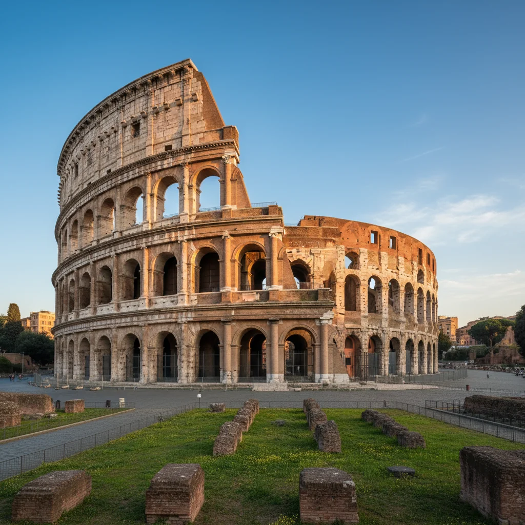 A photorealistic image of a historic Italian landmark, such as the Colosseum in Rome, bathed in warm sunlight, symbolizing the protection and preservation of Italy's cultural heritage under safeguarding policies, with no people or documents visible.