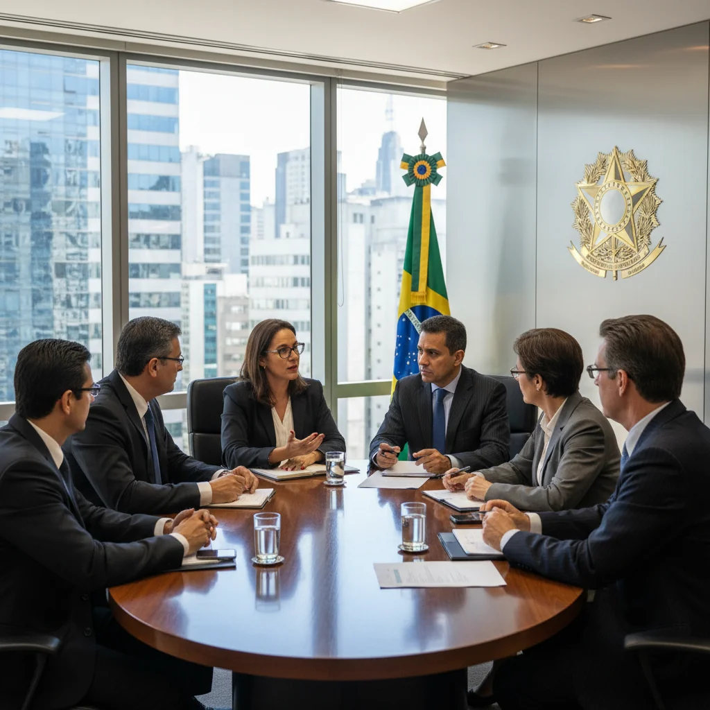 A photorealistic image representing the protection and safeguarding policies in Brazil, showing a diverse group of adults in a professional setting, such as lawyers and officials discussing policies in a modern office with Brazilian flag elements in the background, symbolizing legal protection and safety without focusing on documents.