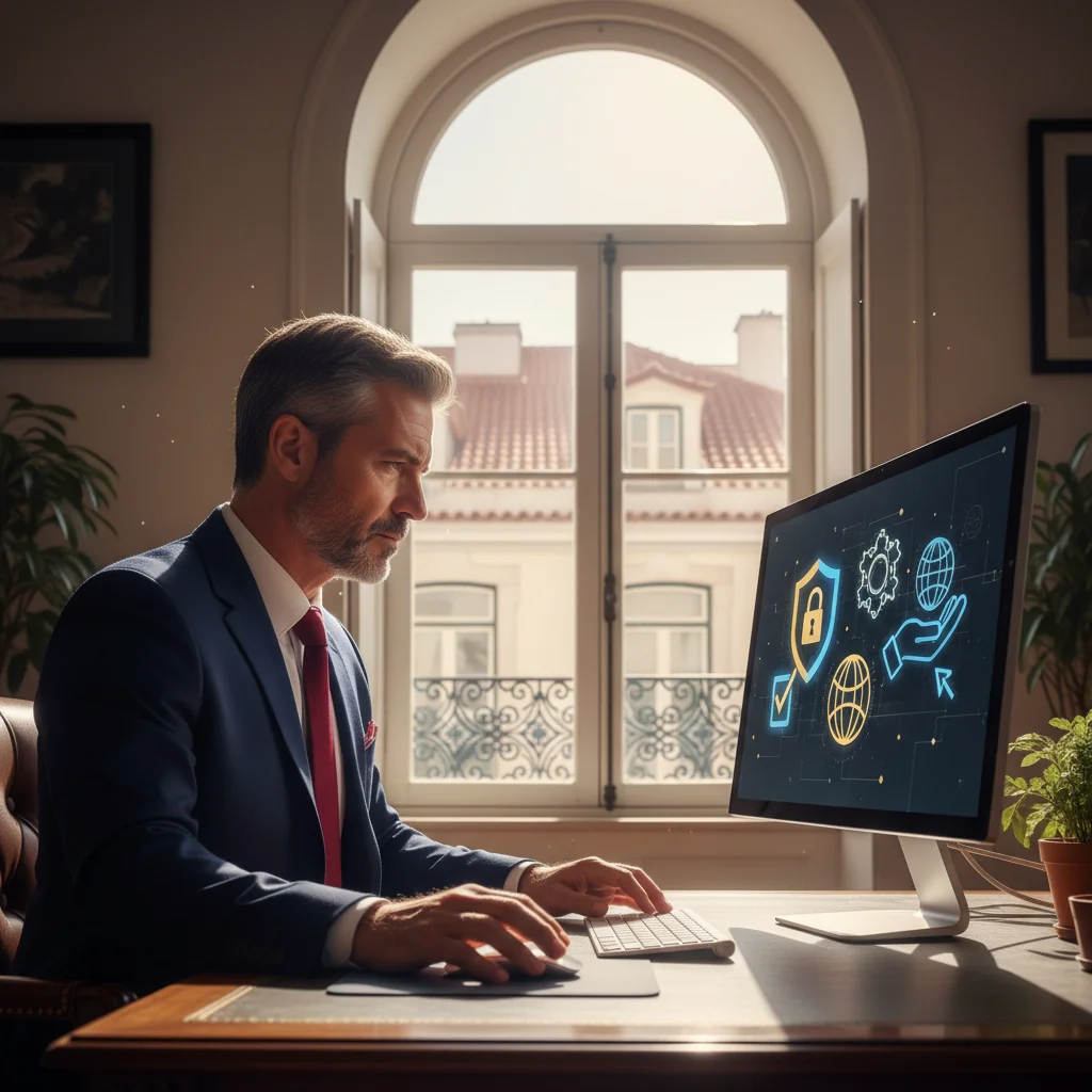 A photorealistic image depicting a professional setting in Portugal focused on legal protection and safeguarding policies, such as a lawyer or official reviewing safeguarding guidelines in a modern office with Portuguese flag elements in the background, emphasizing security and compliance without showing any documents or children.