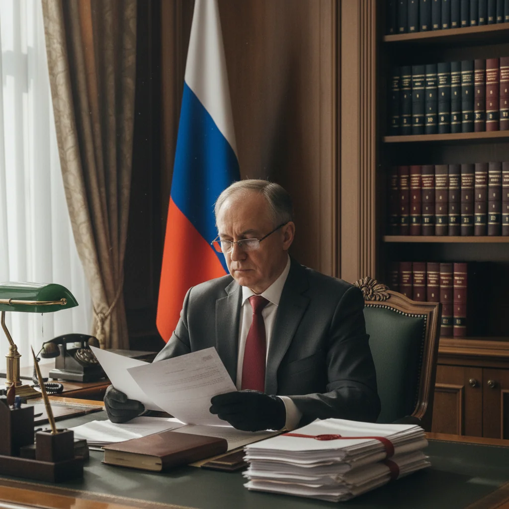 A photorealistic image of a professional Russian government official in a formal office setting, reviewing policy documents on a desk with Russian flags and legal symbols in the background, symbolizing the protection and management of legal documents in Russia. The scene conveys authority, security, and national policy without focusing on specific documents.