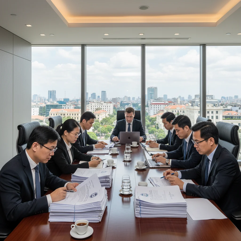 A photorealistic image depicting a professional Vietnamese office setting where a group of adults are engaged in a formal meeting, discussing and reviewing policy documents on a table, symbolizing the protection and safeguarding of legal policies in Vietnam. The atmosphere is serious and collaborative, with elements like Vietnamese flags or national symbols in the background to evoke national importance. No children are present in the image.