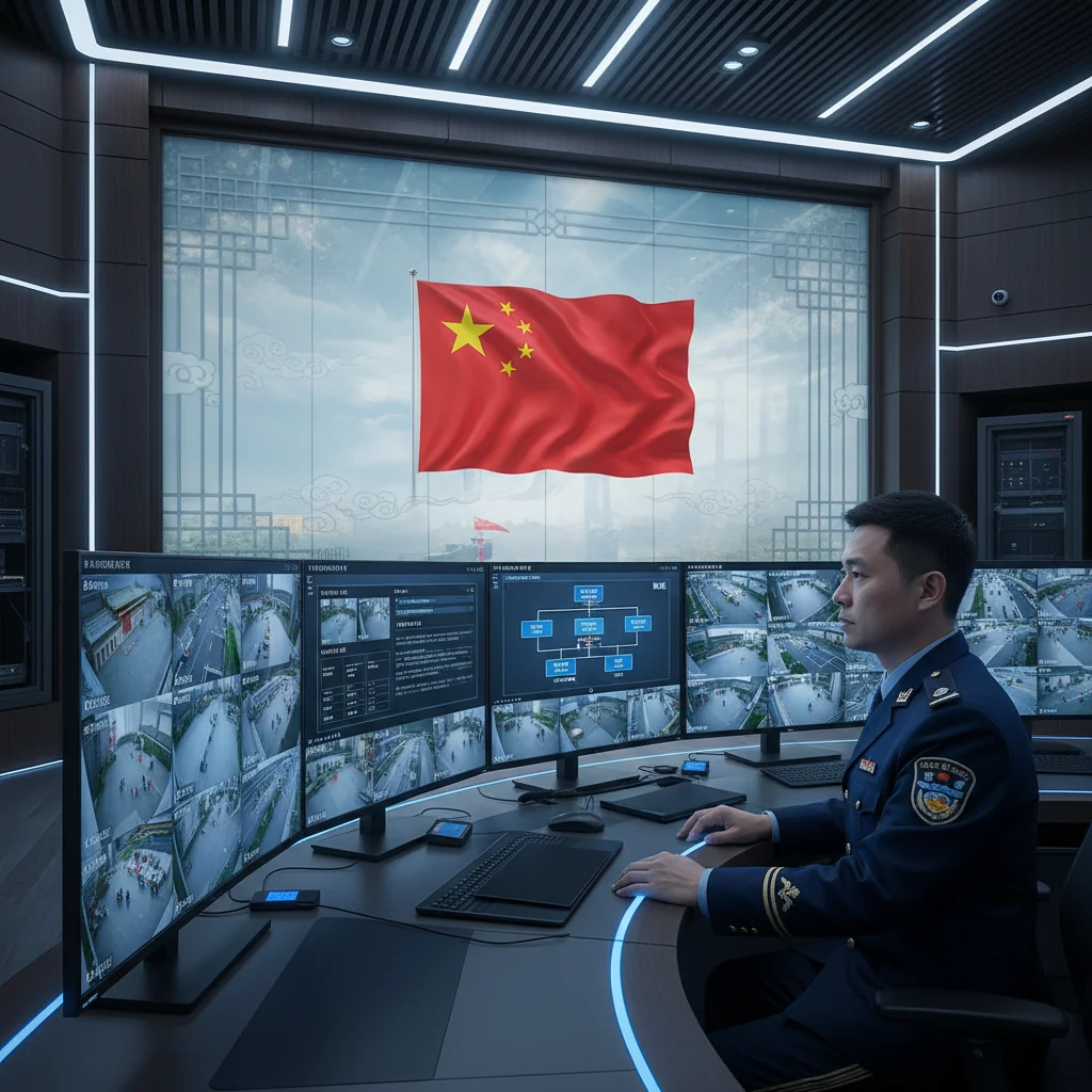 A photorealistic image representing China's national security policy, featuring a vigilant security guard monitoring surveillance screens in a modern control room with Chinese national symbols like the flag in the background, emphasizing protection and safety without focusing on documents.