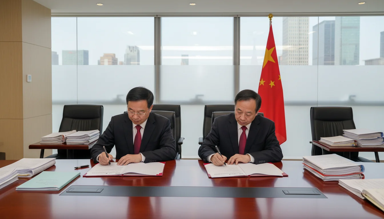 Chinese officials signing legal document