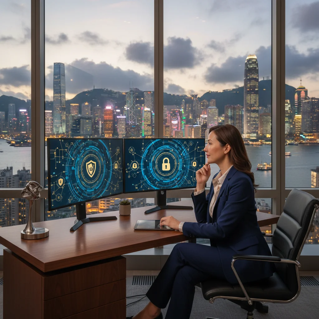 A photorealistic image representing assurance and protection in Hong Kong's legal context, showing a professional adult individual in a modern Hong Kong office setting, reviewing policy documents on a computer with the city skyline visible through the window, symbolizing security and legal safeguards for adults only.