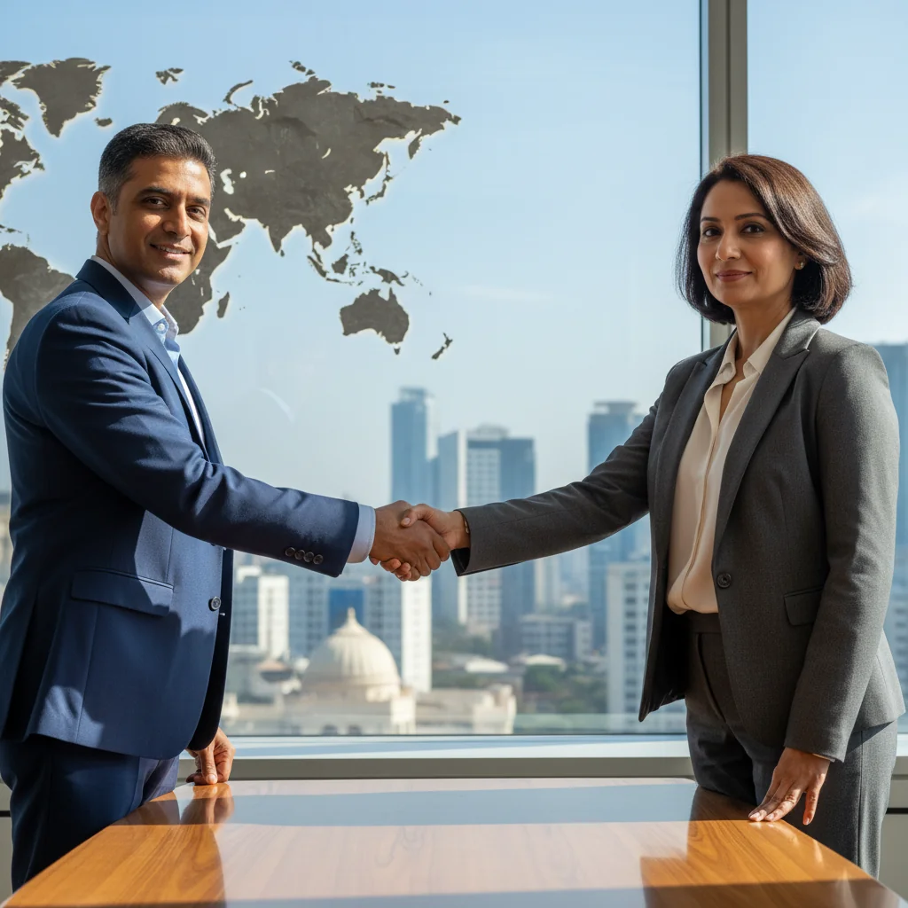 A photorealistic image of two professional adults in a modern Indian office, shaking hands over a conference table to symbolize the transfer of shares in a business deal. The scene conveys trust, partnership, and financial growth, with subtle Indian cultural elements like a map of India on the wall in the background. No legal documents are visible. The image focuses on the purpose of share transfer, representing business succession or investment handover.