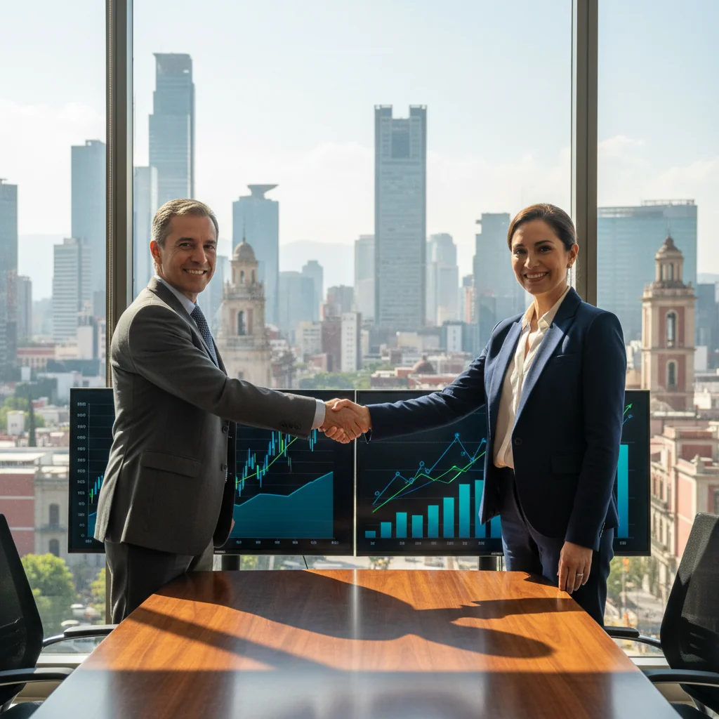 A photorealistic image of two professional adults in a modern Mexican office, shaking hands over a conference table with subtle stock market charts and graphs in the background, symbolizing a successful stock transfer agreement. The scene conveys trust, partnership, and business growth in the context of Mexican corporate transactions.
