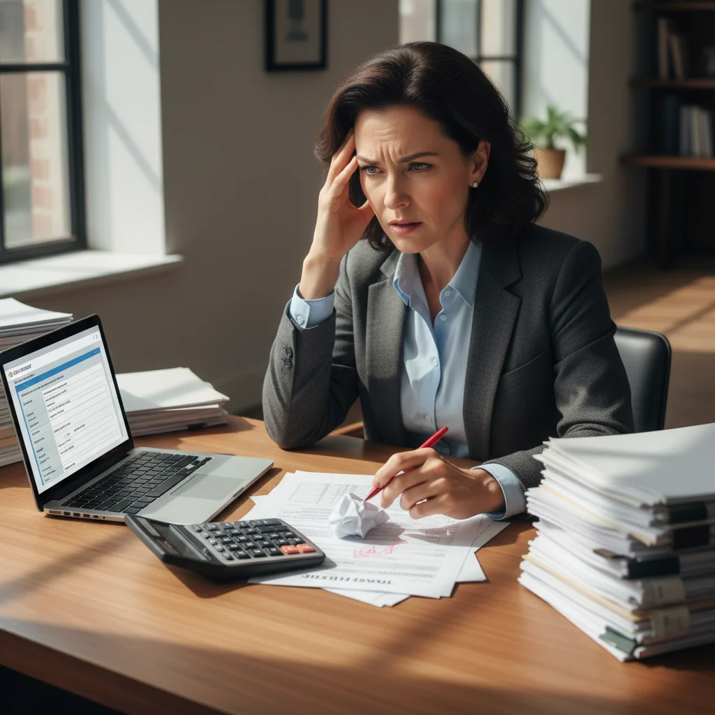 A photorealistic image of a frustrated adult professional sitting at a desk in an office, surrounded by paperwork and a computer screen displaying a form, looking confused while holding a pen, symbolizing common mistakes in transfer forms without showing the document itself.