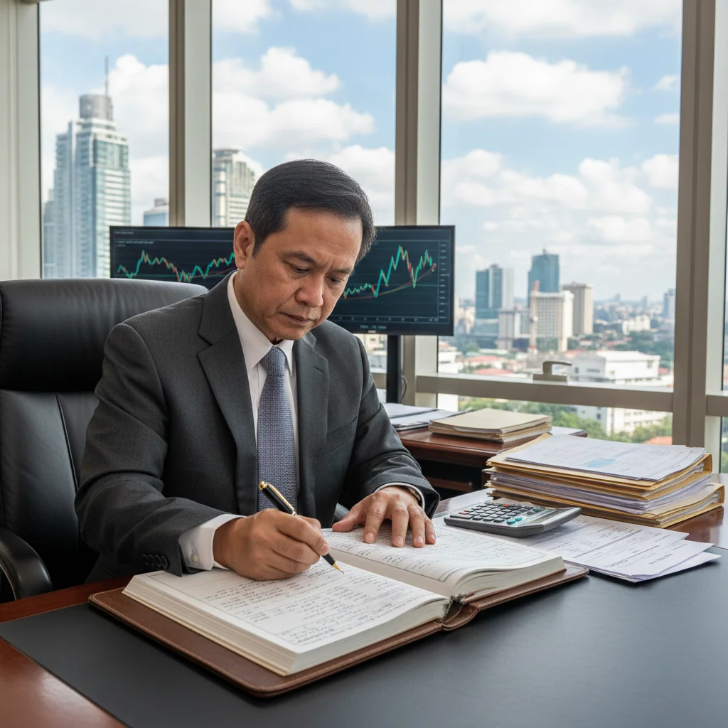 A professional scene in a modern Philippine corporate office, showing a business executive carefully organizing and reviewing financial records in a ledger book on a desk, surrounded by stock market charts and company documents, symbolizing the maintenance of stock and transfer records under legal requirements, photorealistic style, no children present.