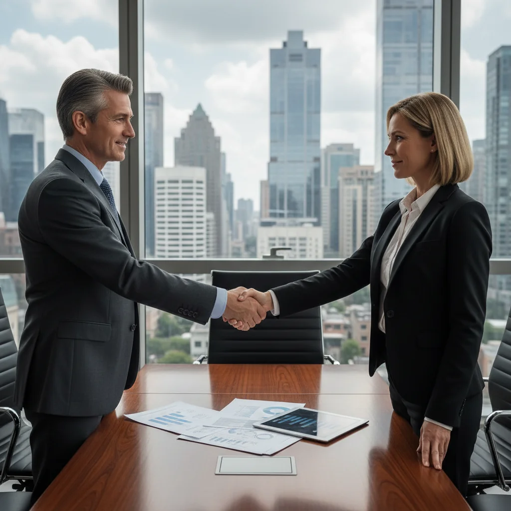 A photorealistic image of two professional adults, a man and a woman in business attire, shaking hands across a conference table in a modern office, symbolizing the successful transfer of shares or business ownership without any focus on documents.