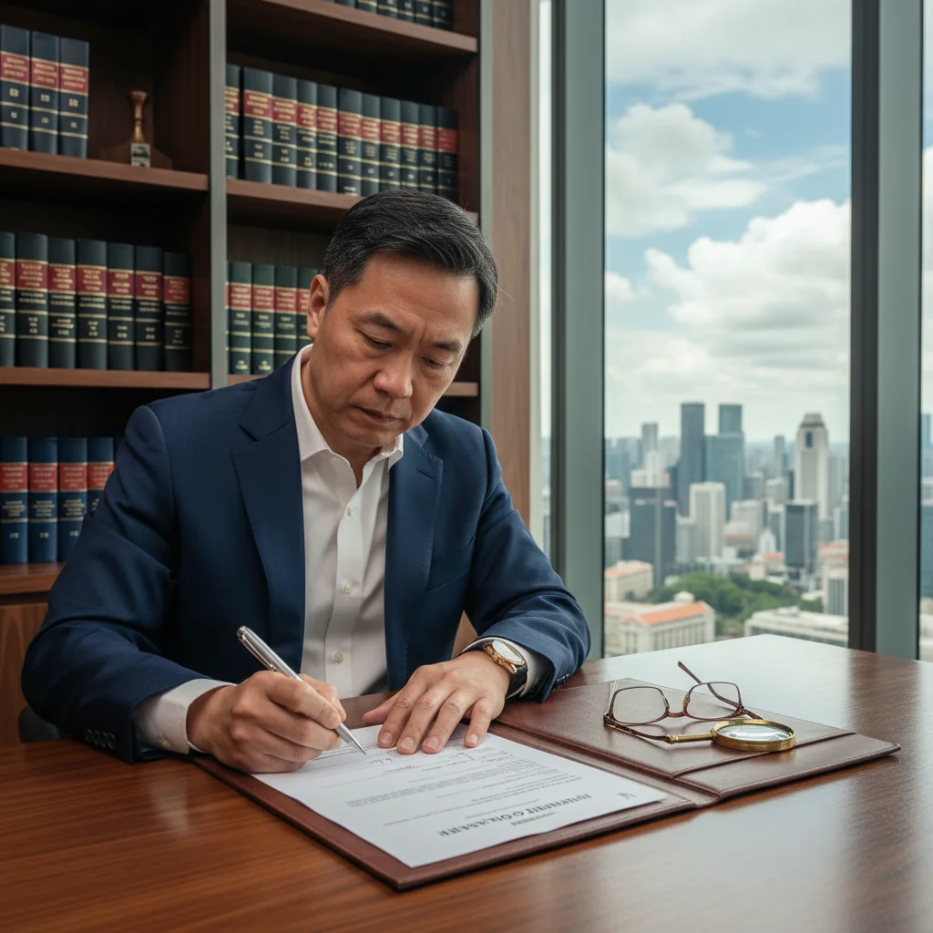 A photorealistic image of a professional adult signing an important real estate transfer document in a modern Singapore office, symbolizing property ownership transfer and the need for accuracy in legal paperwork, with Singapore skyline visible through the window, conveying a sense of caution and professionalism in avoiding mistakes.