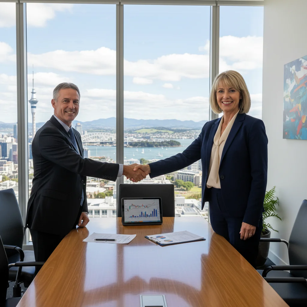 A photorealistic image of two professional adults in a modern New Zealand office, shaking hands over a desk with a scenic view of Auckland skyline in the background, symbolizing a successful share transfer agreement. No children are present in the image.