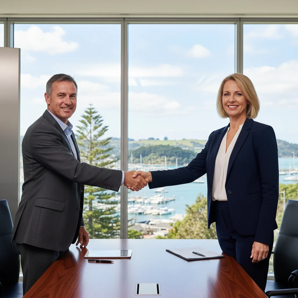 A photorealistic image of two professional adults in a modern New Zealand office setting, shaking hands over a conference table with subtle New Zealand landscape visible through the window, symbolizing the successful transfer of business shares without showing any documents or children.