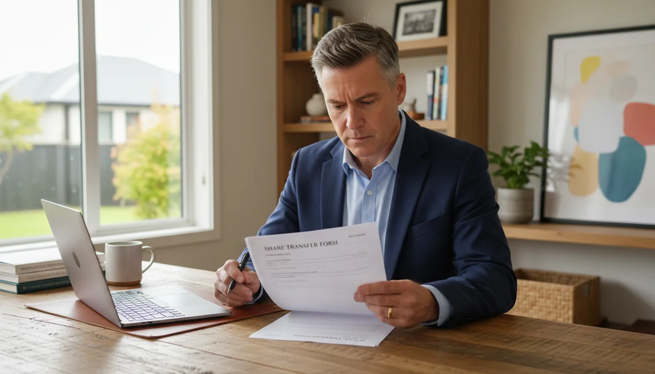 Person reading share transfer form