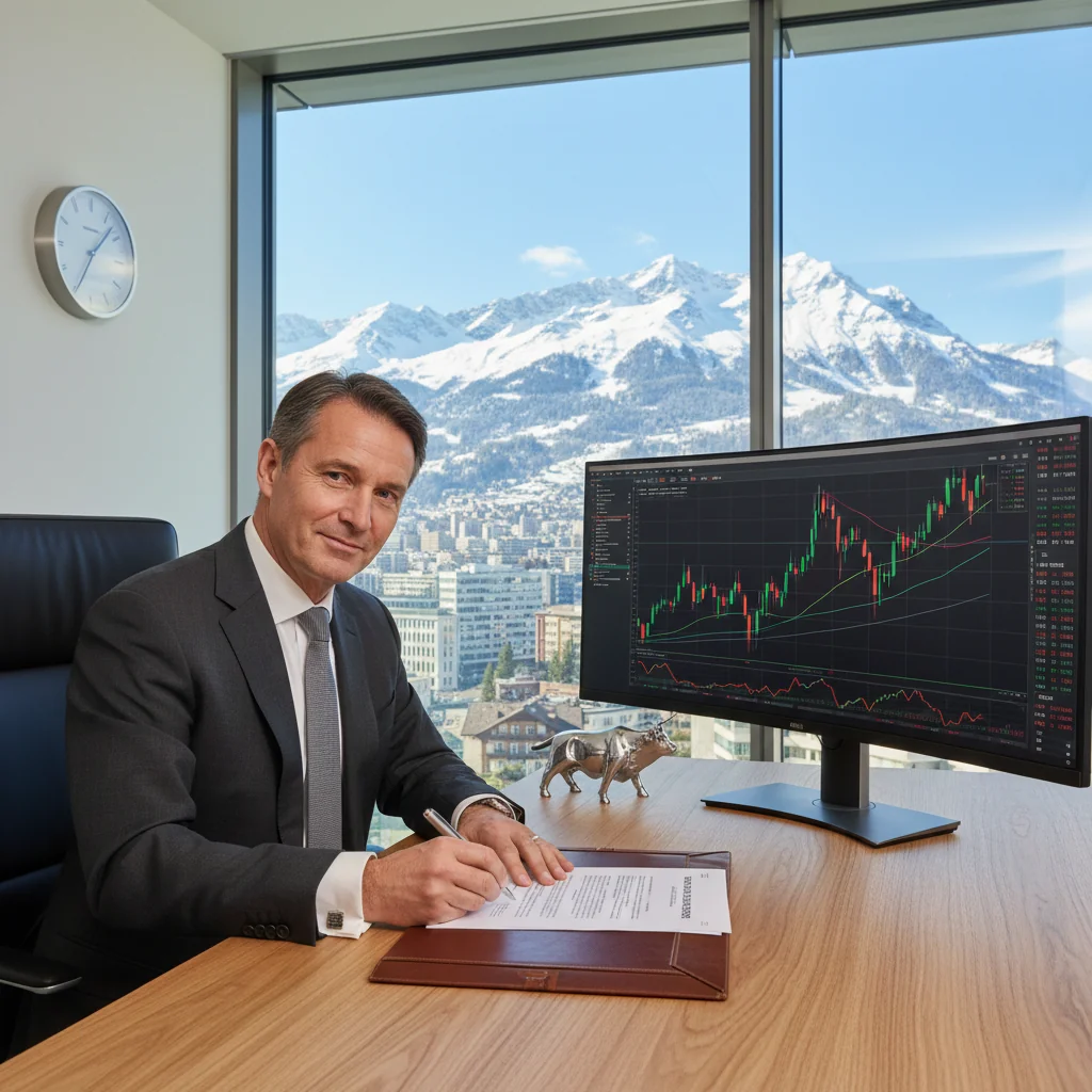 A professional scene in a Swiss financial setting, showing a business professional in a suit signing an important document at a desk with Swiss Alps visible through a window, symbolizing stock transfer in Switzerland. The focus is on the act of formal agreement in a corporate environment, evoking trust and legality.