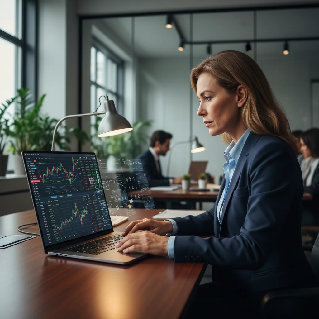 A professional adult in a modern office setting, carefully reviewing financial documents on a computer screen, symbolizing attention to detail in stock transfer processes, with charts and graphs in the background, photorealistic style.