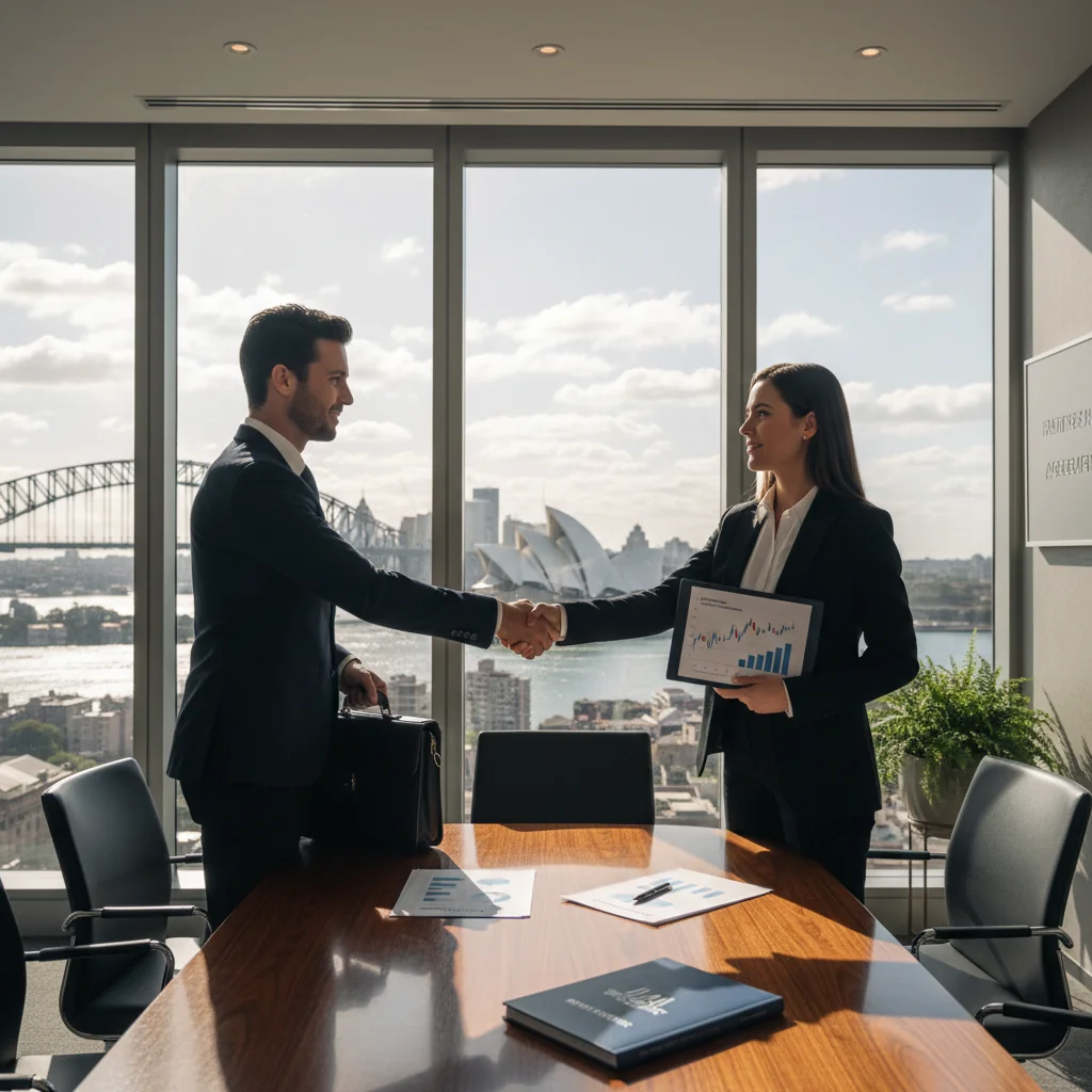 A professional adult businessperson in a modern Australian office setting, confidently shaking hands with another professional over a desk, symbolizing the successful transfer of shares in a company, with Australian landmarks subtly visible in the background through a window, conveying trust, partnership, and business growth.
