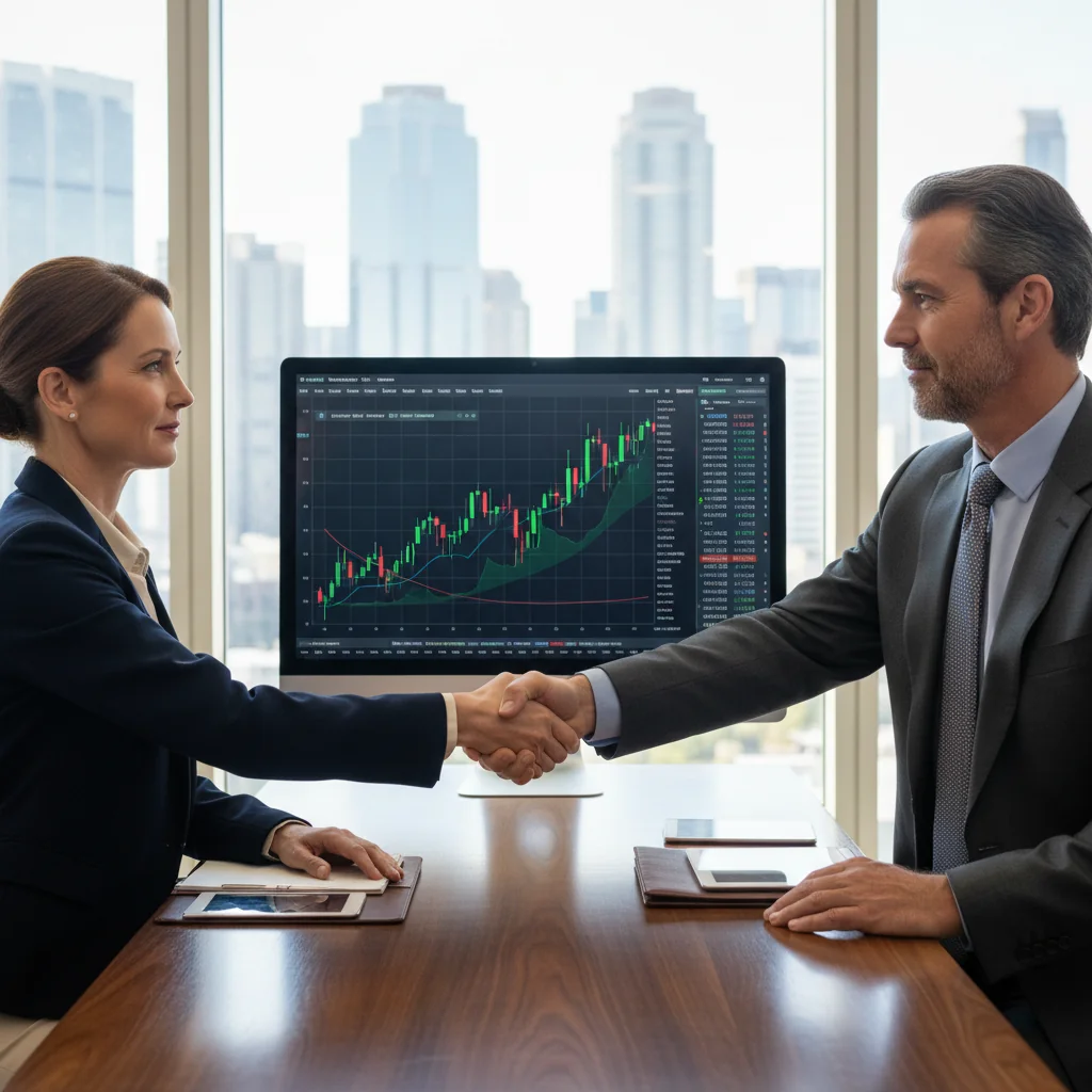 A photorealistic image of two professional adults in a modern office shaking hands over a table with stock market charts displayed on a computer screen in the background, symbolizing a stock transfer agreement. The scene conveys trust and business partnership, with natural lighting and realistic details. No children are present in the image.