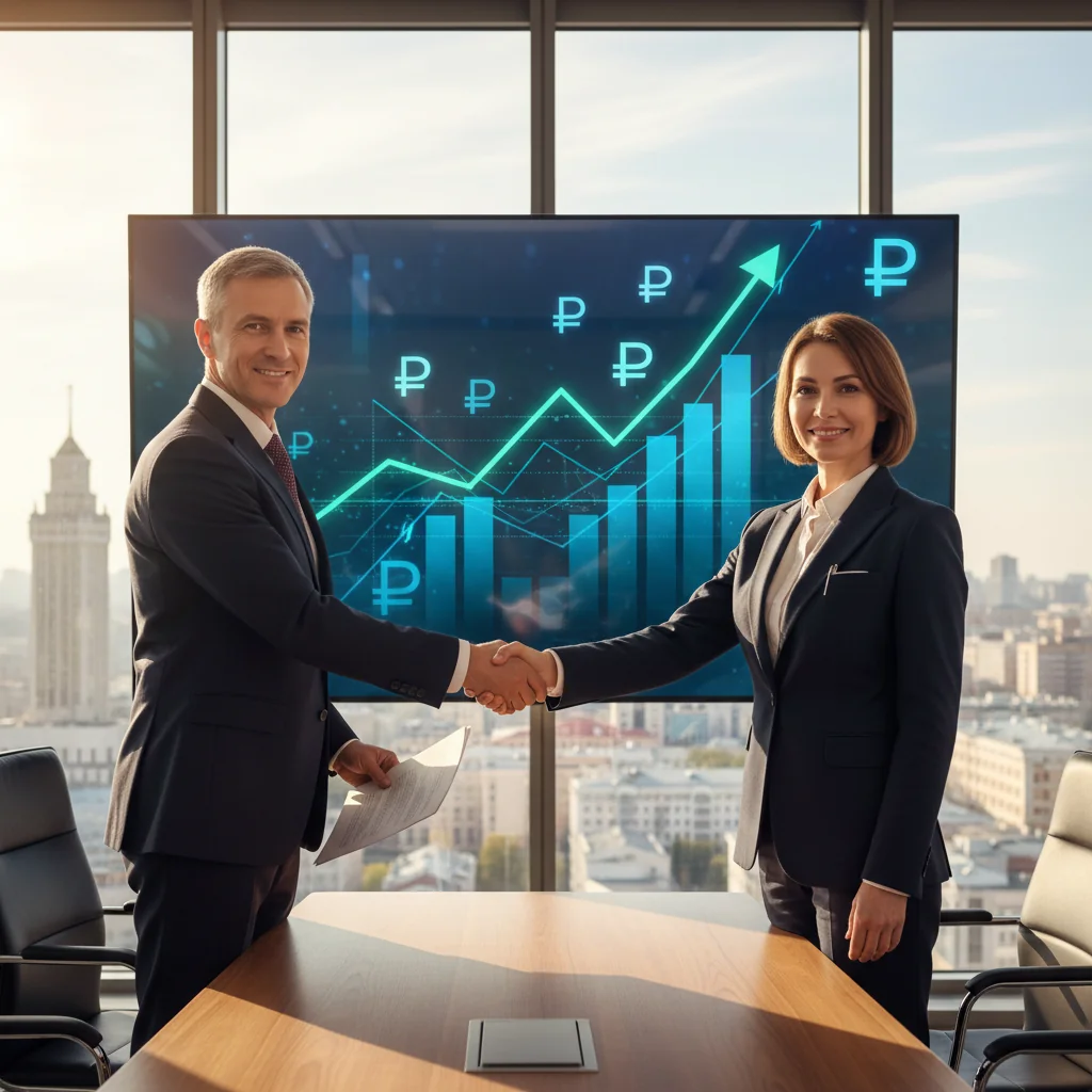 A photorealistic image of two professional businesspeople in a modern office in Russia, shaking hands over a conference table with subtle stock market charts on a screen in the background, symbolizing a successful share purchase agreement. No legal documents visible. No children in the image.