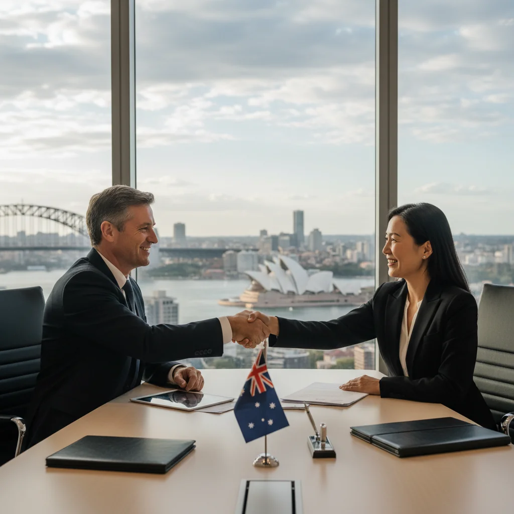 A photorealistic image depicting a professional business handshake between two adults in a modern Australian office setting, symbolizing the transfer of company shares and partnership agreement, with Australian flag elements in the background, conveying trust and collaboration in business.