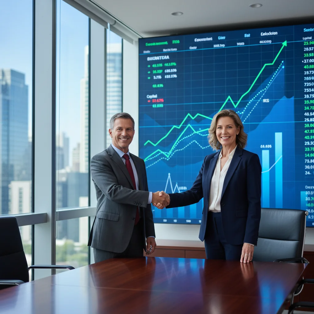 A professional scene representing stock transfer agreements, showing two business professionals in a modern office shaking hands over a stock market chart on a screen in the background, symbolizing successful share transactions and financial partnerships, photorealistic style.