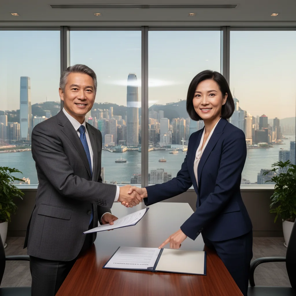 A photorealistic image of two professional adults in business attire shaking hands in a modern Hong Kong office overlooking the city skyline, symbolizing a successful stock transfer agreement.