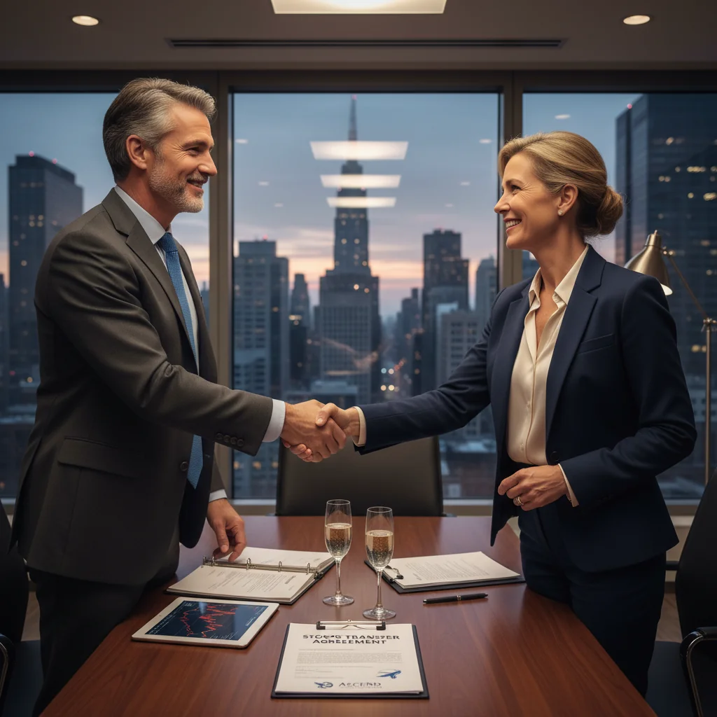 A photorealistic image depicting the successful transfer of business ownership, showing two professional adults in a modern office shaking hands over a conference table with a city skyline in the background, symbolizing partnership and growth in a corporate deal.
