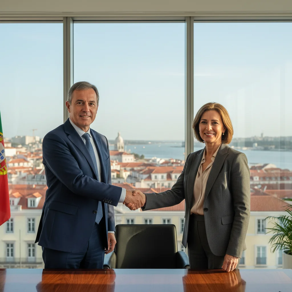 A photorealistic image depicting the transfer of shares in a Portuguese business context, showing two professional adults shaking hands in a modern office setting with subtle Portuguese elements like a flag or Lisbon skyline in the background, symbolizing ownership transition and legal agreement without focusing on any documents.