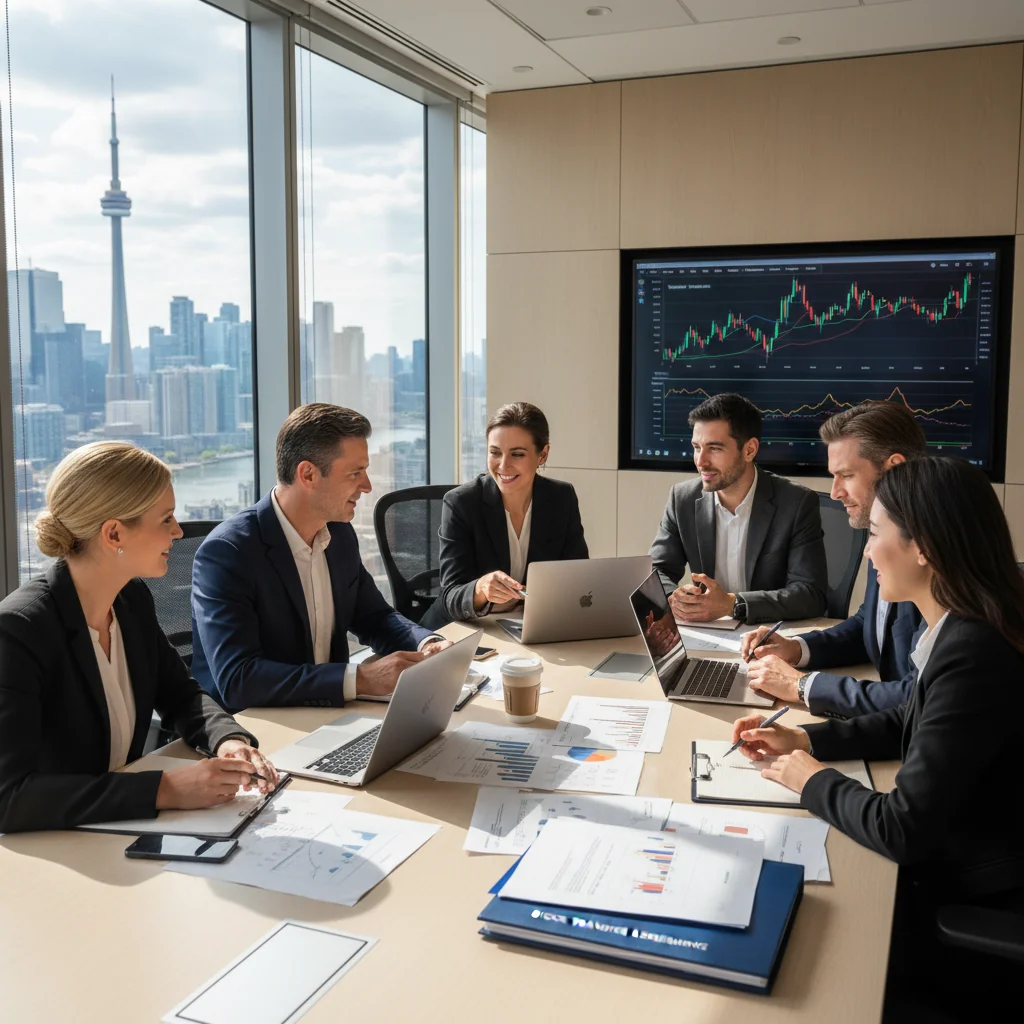 A photorealistic image of a professional business meeting in a modern Canadian office, where adults are discussing stock transfer documents on a table with subtle Canadian flag elements in the background, symbolizing legal compliance and financial transactions in stock transfers.