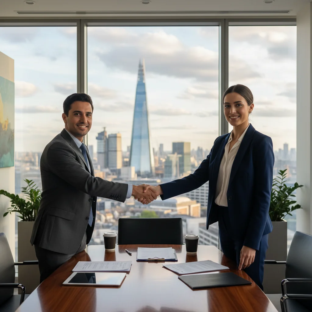 A professional business scene in a modern UK office, showing two adults shaking hands over a conference table, symbolizing a successful stock transfer agreement, with subtle UK elements like a Union Jack flag in the background, conveying trust and compliance in financial transactions.