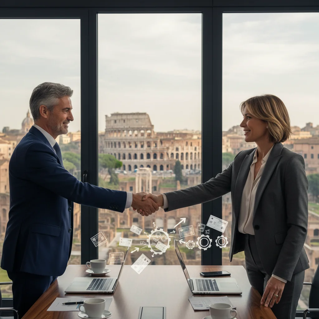 A photorealistic image depicting a professional business meeting in a modern Italian office, where two middle-aged adults in business attire are shaking hands across a conference table, symbolizing the transfer or agreement of shares in a company. The scene includes subtle Italian elements like a window view of Roman architecture in the background, conveying trust, partnership, and financial transaction without showing any legal documents.