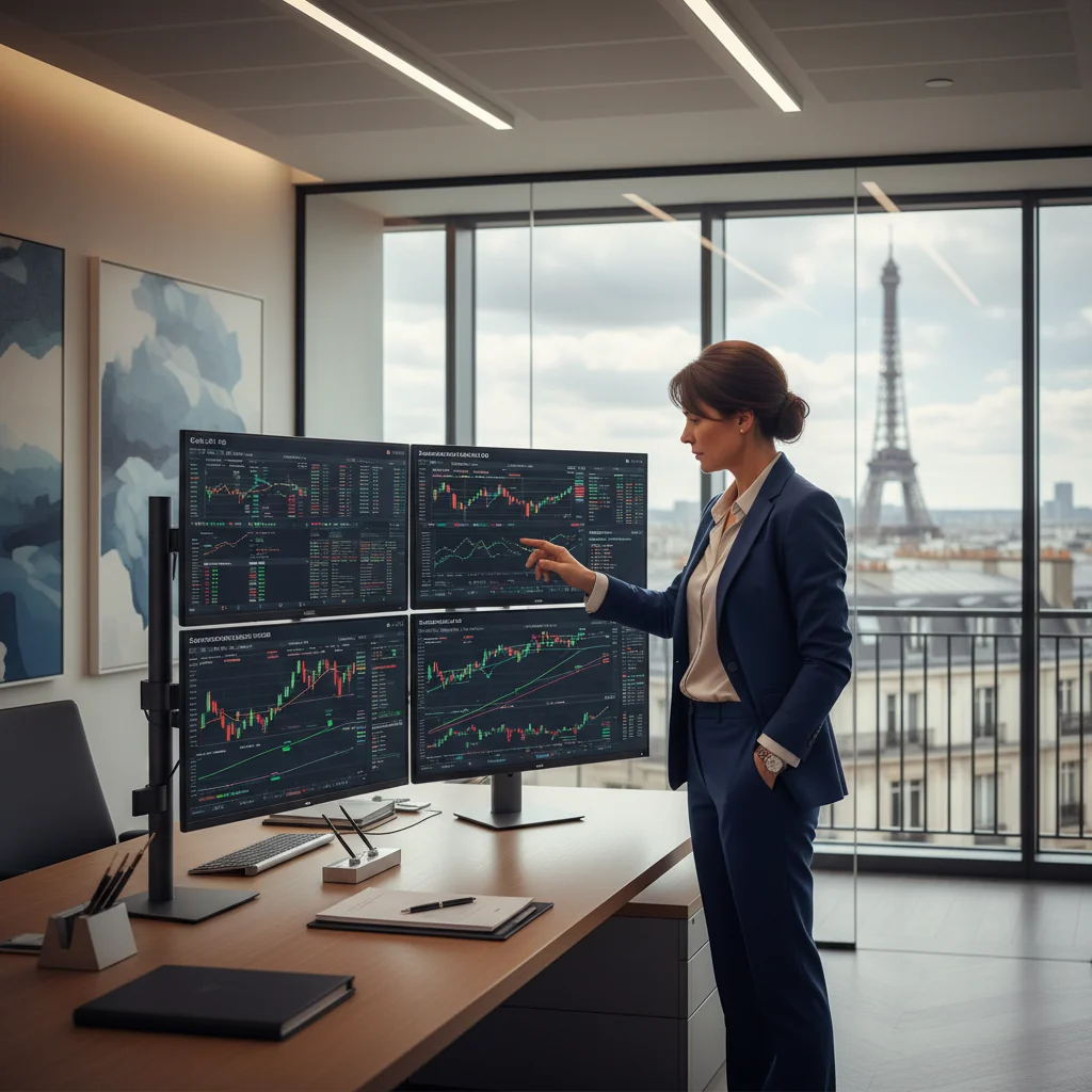 A professional scene representing financial securities transfer in France, featuring an adult business professional in a modern office reviewing stock market data on multiple screens, with subtle French landmarks visible through the window, symbolizing the orderly and secure process of transferring securities without depicting any legal documents.