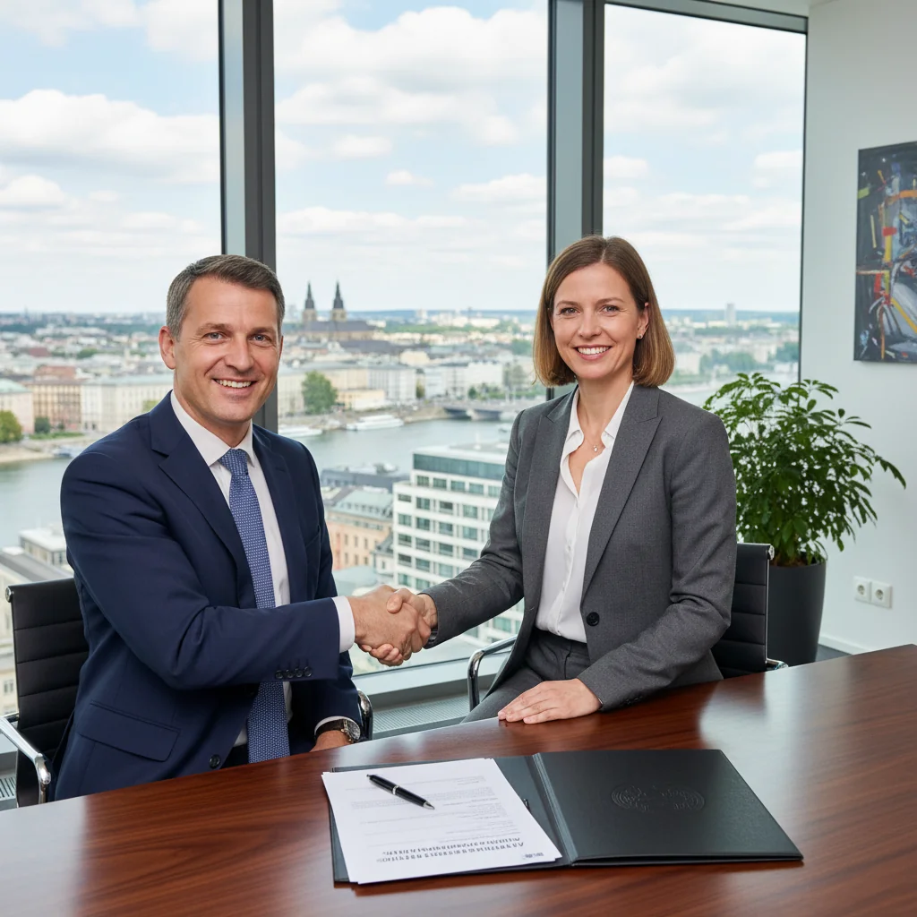A photorealistic image of a professional businessperson in a modern office setting, confidently shaking hands with another adult professional over a desk, symbolizing the successful transfer of stock ownership in Germany. The scene conveys trust, agreement, and financial achievement, with subtle German elements like a flag or Berlin skyline in the background. No children are present in the image.