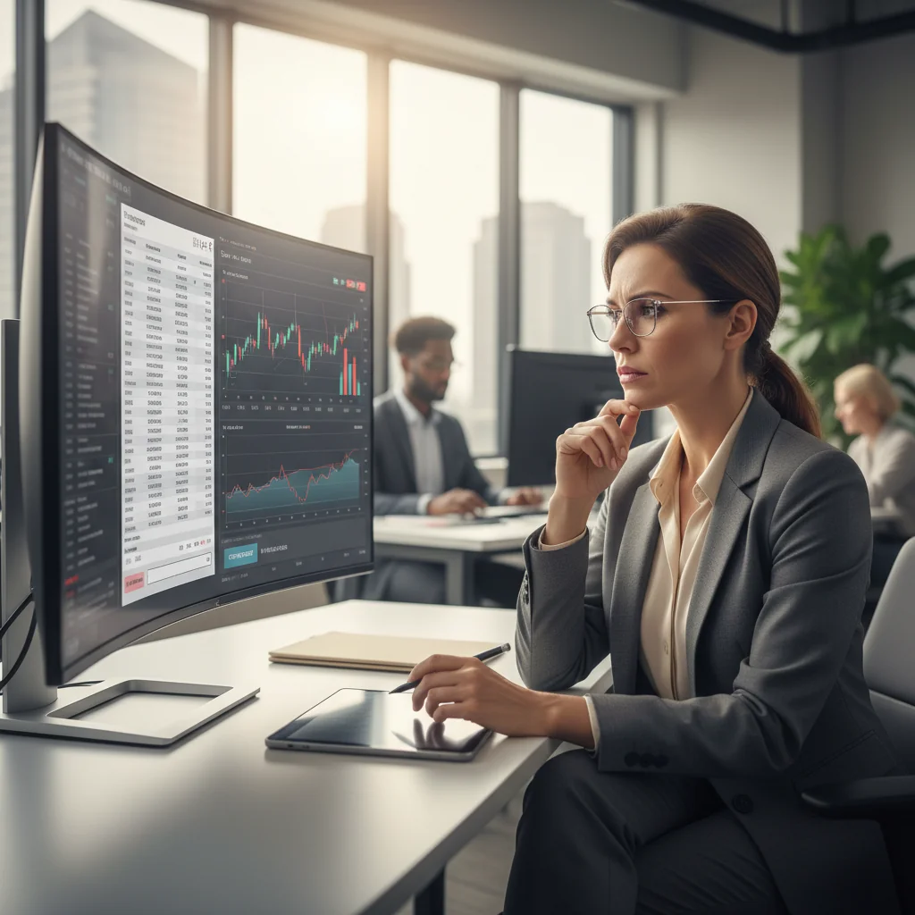 A photorealistic image of a professional business person in an office setting, carefully reviewing stock market charts on a computer screen, symbolizing the transfer of shares and avoiding errors in the process. The scene conveys focus and caution in financial transactions, with no children present.