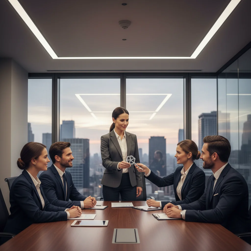 A photorealistic image depicting a professional business meeting where adults are discussing and finalizing a corporate share transfer agreement, symbolizing legal requirements for private instruments in stock transfers. The scene shows diverse adult professionals in a modern office, shaking hands over a table with subtle financial charts, conveying trust and compliance without focusing on documents.