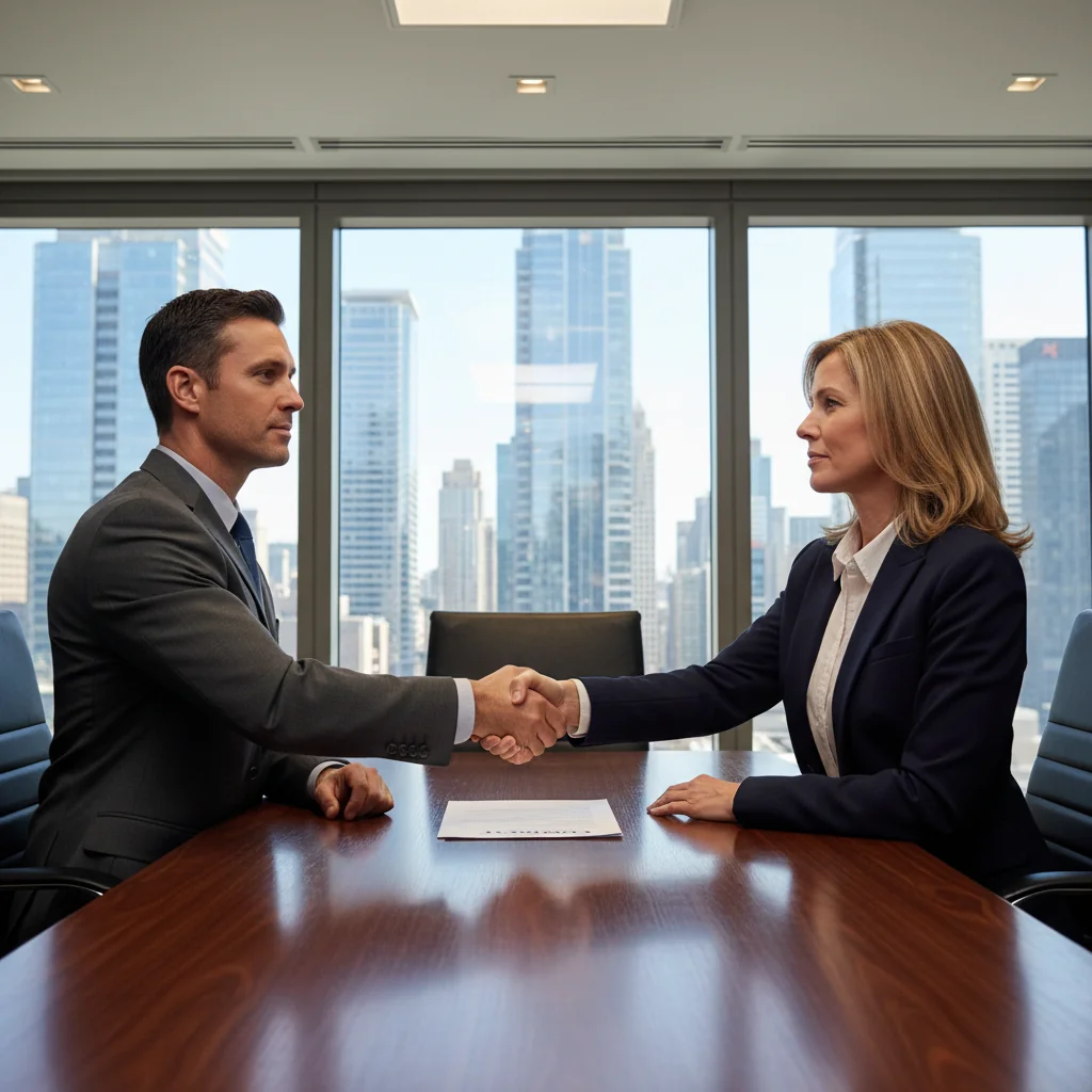 A photorealistic image of two professional businesspeople shaking hands across a conference table in a modern office, symbolizing the successful transfer of company shares, with a city skyline visible through the window in the background.