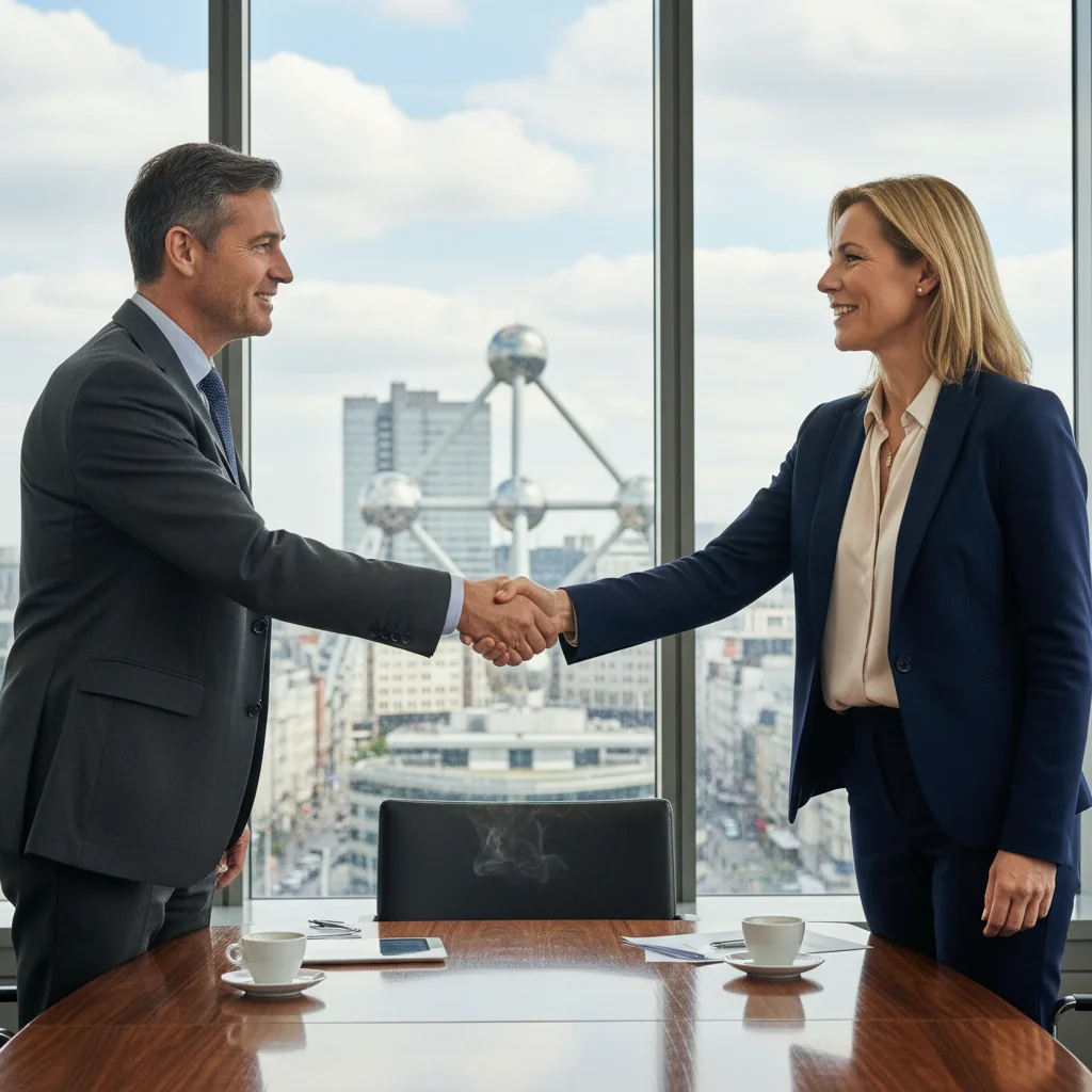 A photorealistic image of two professional adults shaking hands in a modern Belgian office setting, symbolizing a business agreement or share transfer, with subtle Belgian elements like a flag or Brussels architecture in the background. The image conveys trust, partnership, and corporate transition without showing any legal documents.