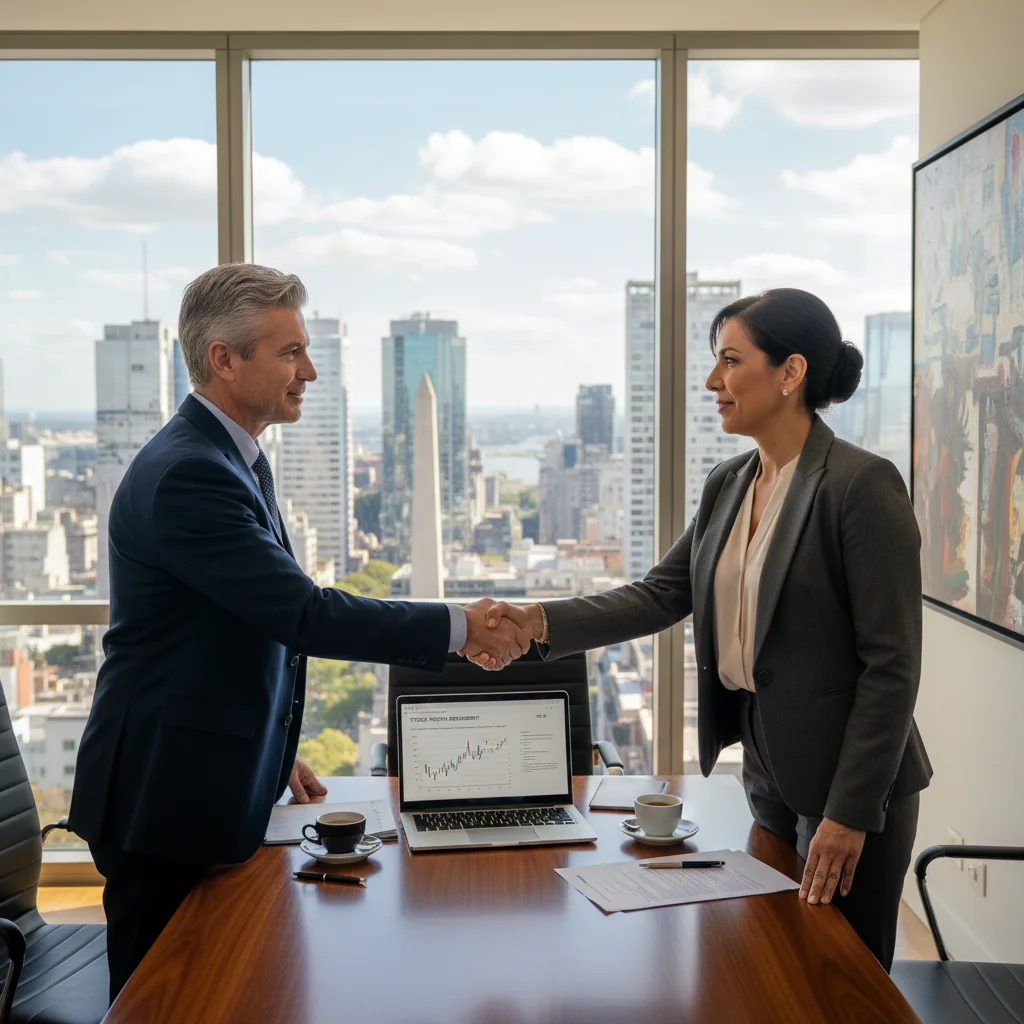 A photorealistic image of two professional adults in a modern Argentine office, shaking hands over a conference table with a cityscape of Buenos Aires in the background, symbolizing a business agreement or stock transfer, conveying trust and partnership in a corporate setting.