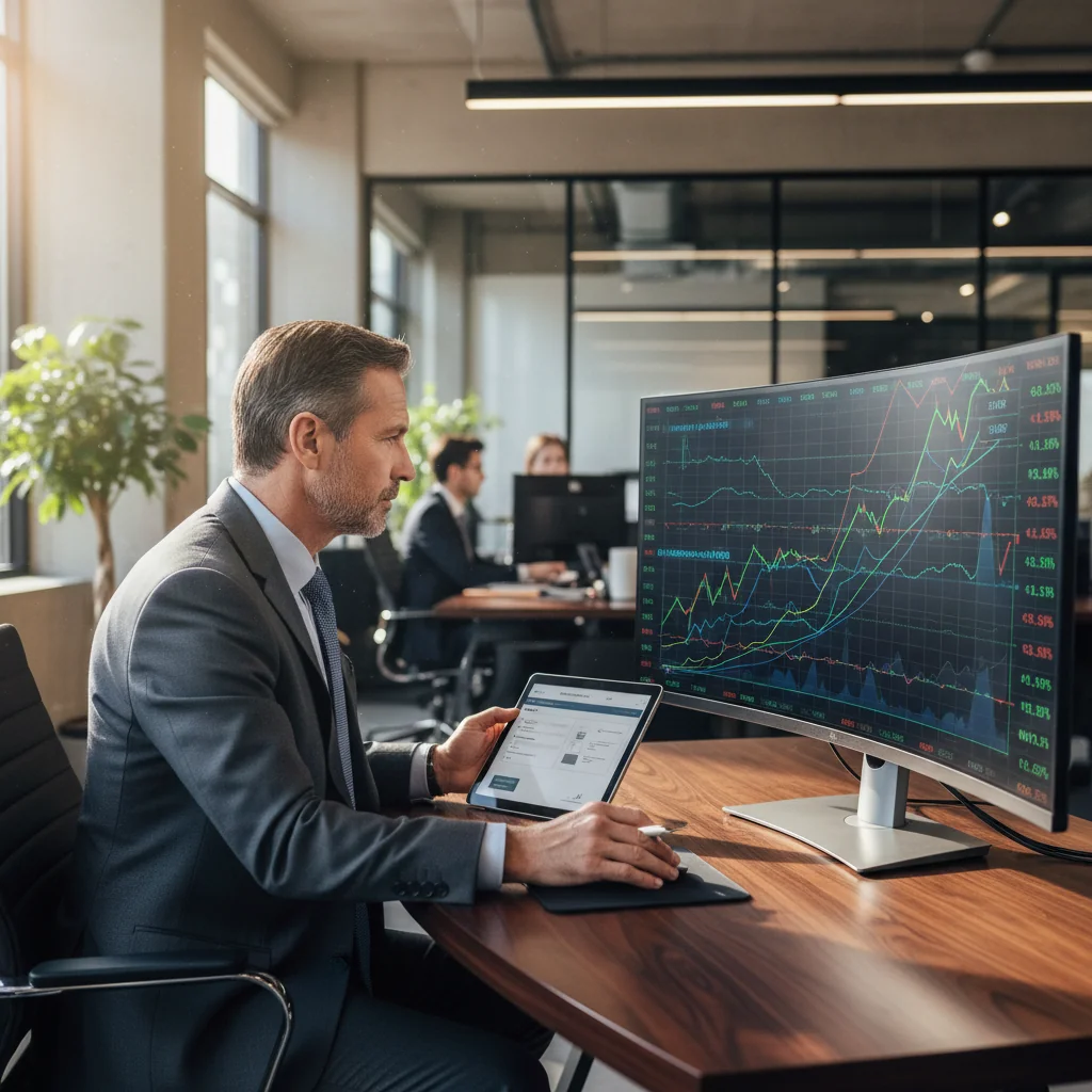 A photorealistic image of a professional adult investor in a modern office setting, reviewing stock market charts on a computer screen with stock exchange graphs and rising arrow symbols in the background, symbolizing the successful sale of shares and financial transactions, no children present, highly detailed and realistic photography style.