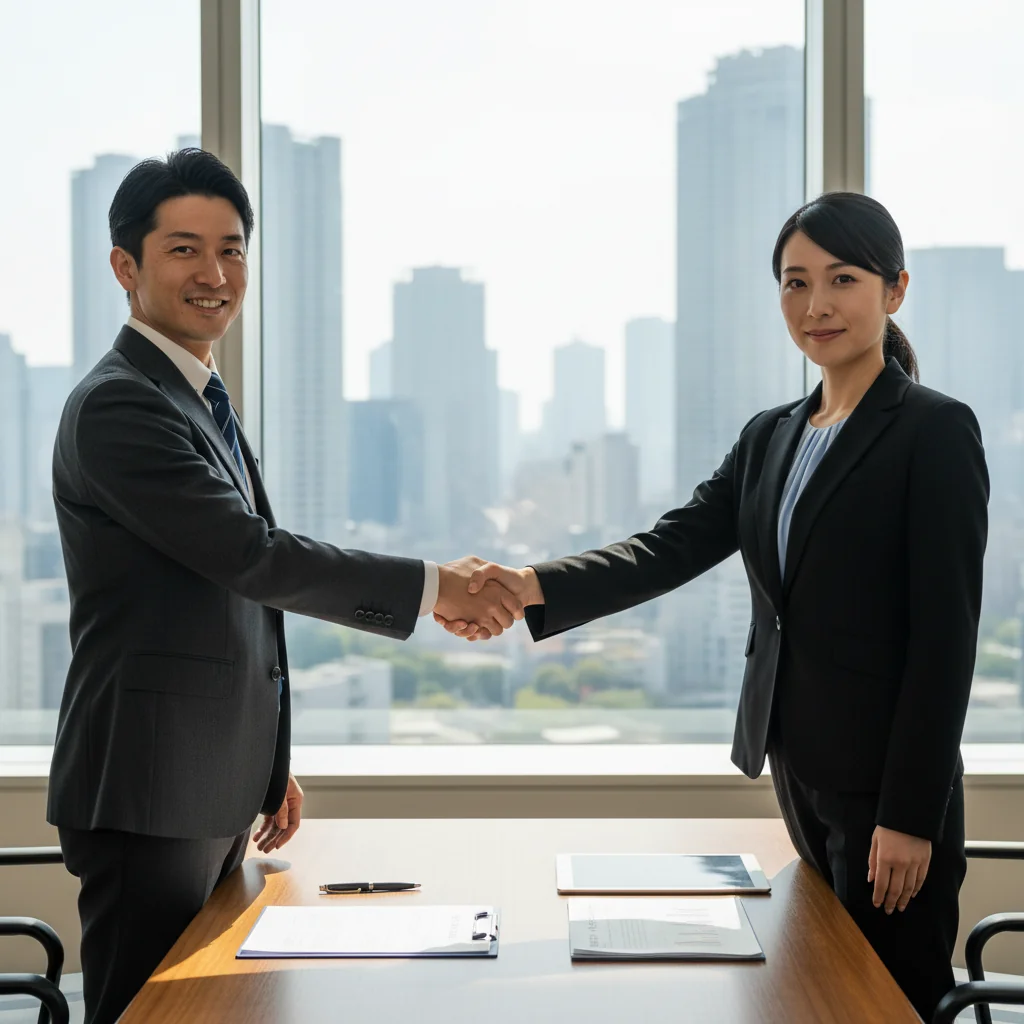 A photorealistic image of two professional Japanese businesspeople in a modern conference room, shaking hands over a business deal, symbolizing the importance of stock transfer agreements in Japanese companies. The scene conveys trust, partnership, and corporate success without showing any legal documents.